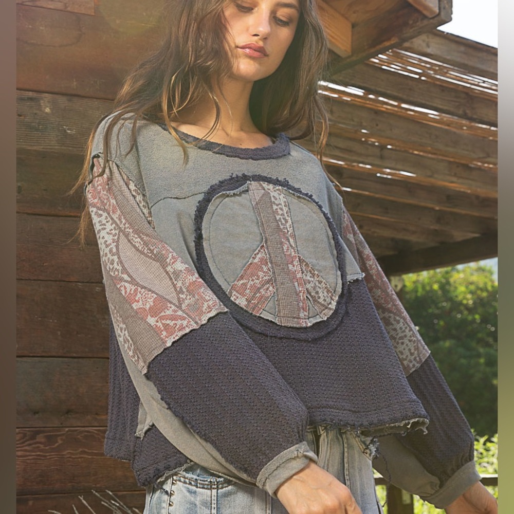 201. POL RESTOCK patchwork oversize slouchy multicolor peace appliqué sweatshirt